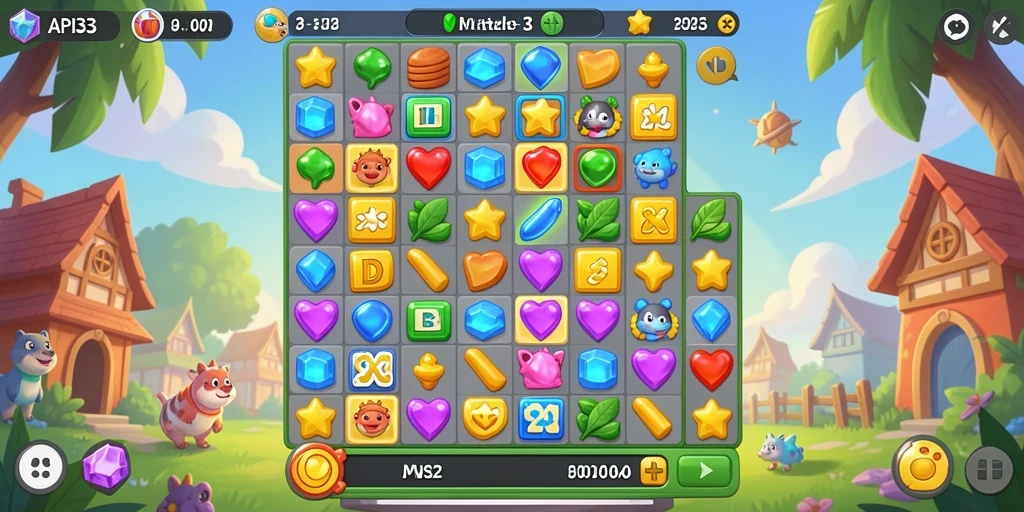 Screenshot utama API33 menampilkan antarmuka permainan Puzzle Match-3 yang menarik.