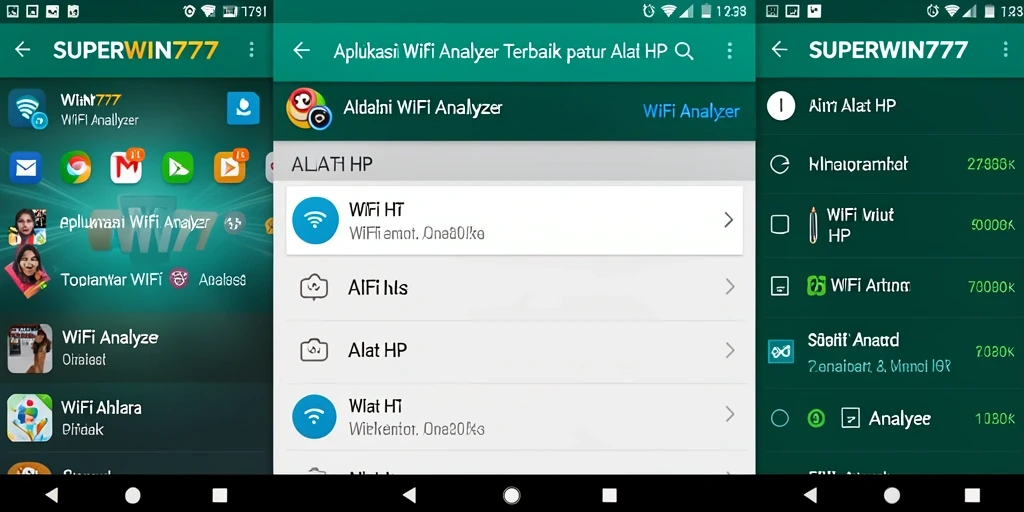 Antarmuka utama aplikasi SUPERWIN777 menampilkan analisis sinyal WiFi yang detail.